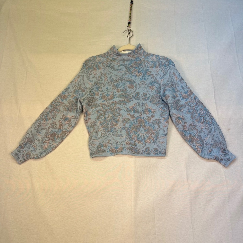 Anthropologie Blue Metallic Floral Paisley Mock Neck Puff Sleeve Sweater XXS